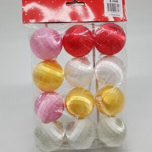 12 Christmas Tree Ornament Pink Red Yellow White Balls Plastic Silk Wrapped